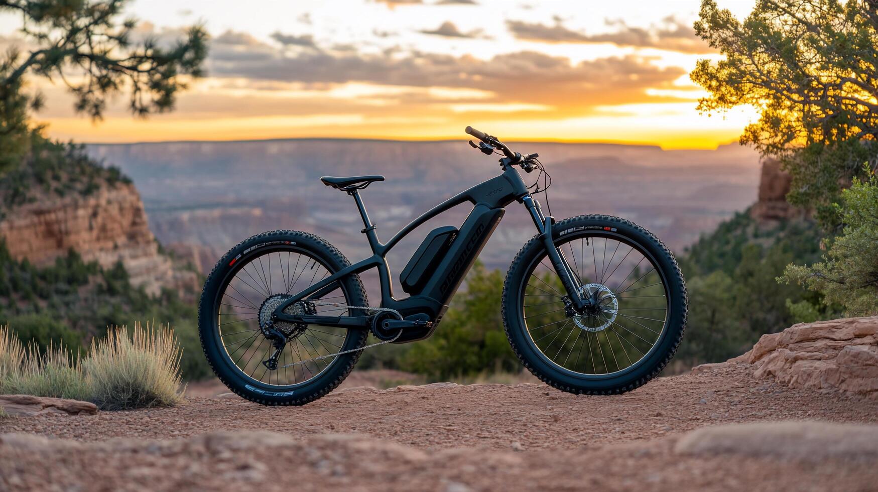 An electric bike parked in a scenic outdoor landscape at sunset. photo