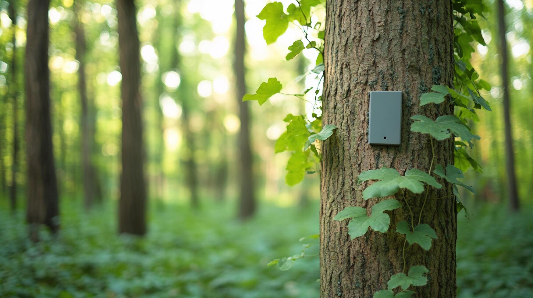 A tree in a forest with a device mounted on its trunk. photo