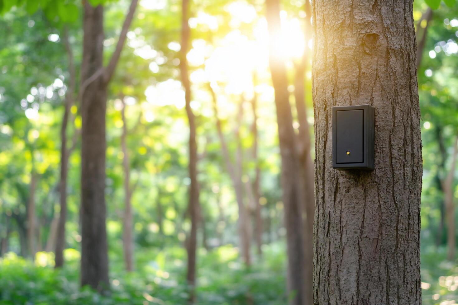 A black device mounted on a tree in a sunlit forest setting. photo