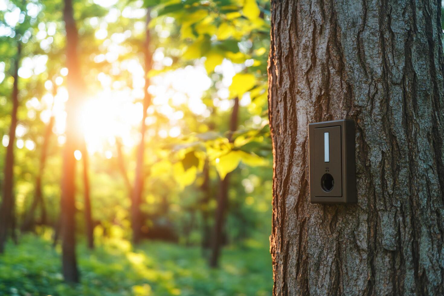 A tree-mounted device in a sunlit forest setting. photo