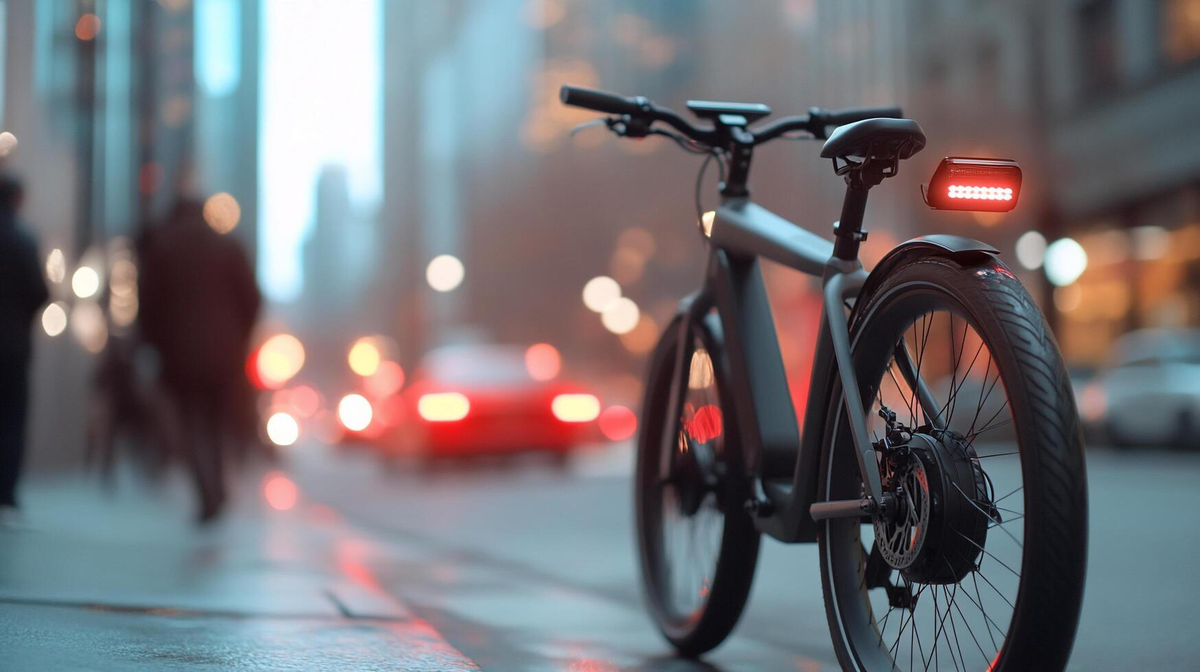 A modern bicycle parked on a city street during twilight. photo