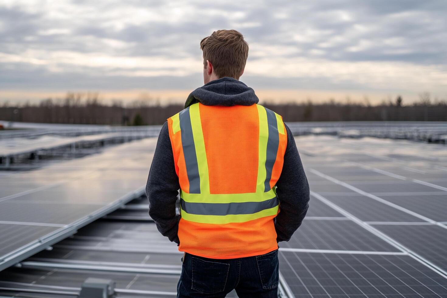 Worker in safety vest overlooking solar panels on a cloudy day. photo