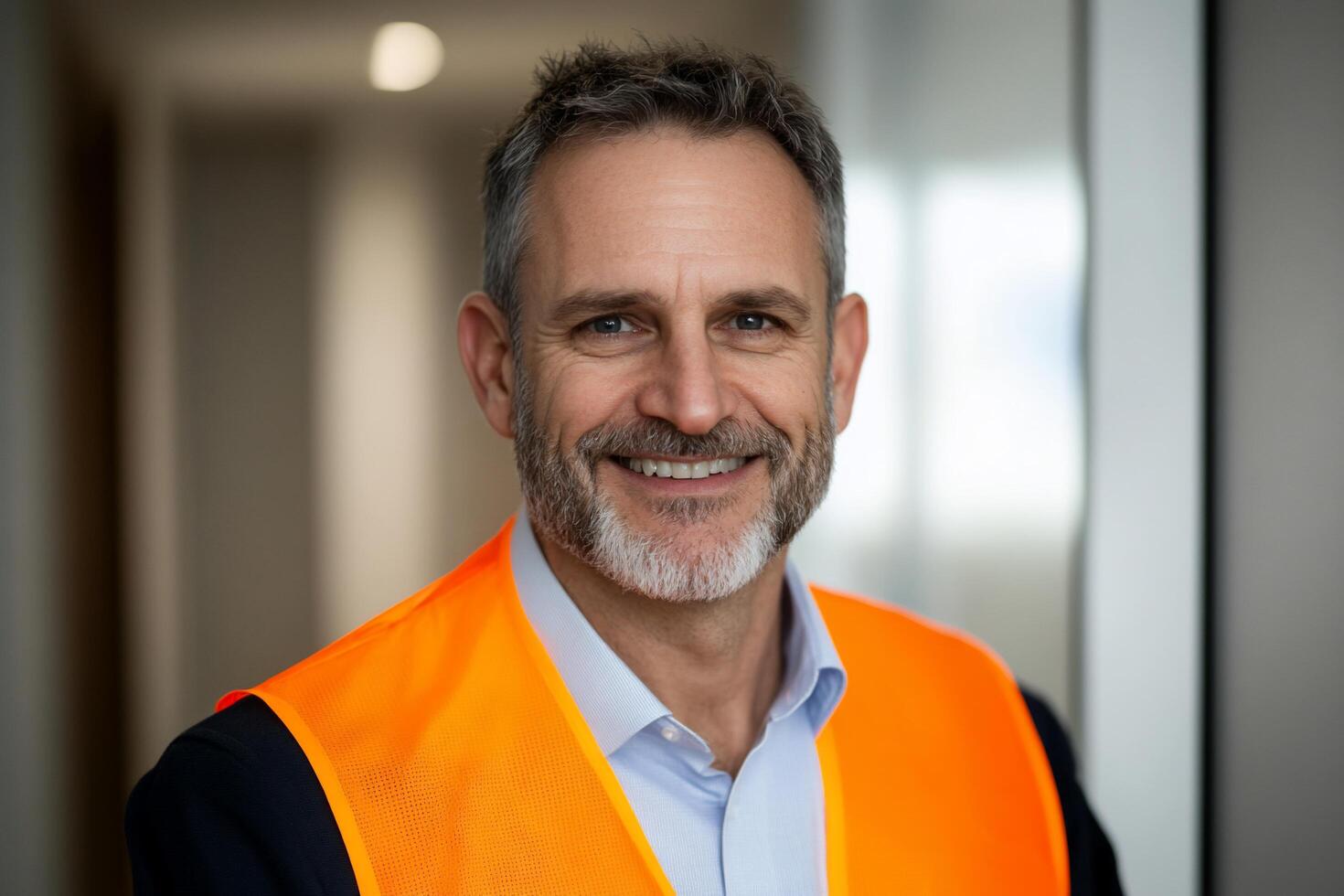 A smiling man in a safety vest, conveying professionalism and approachability. photo