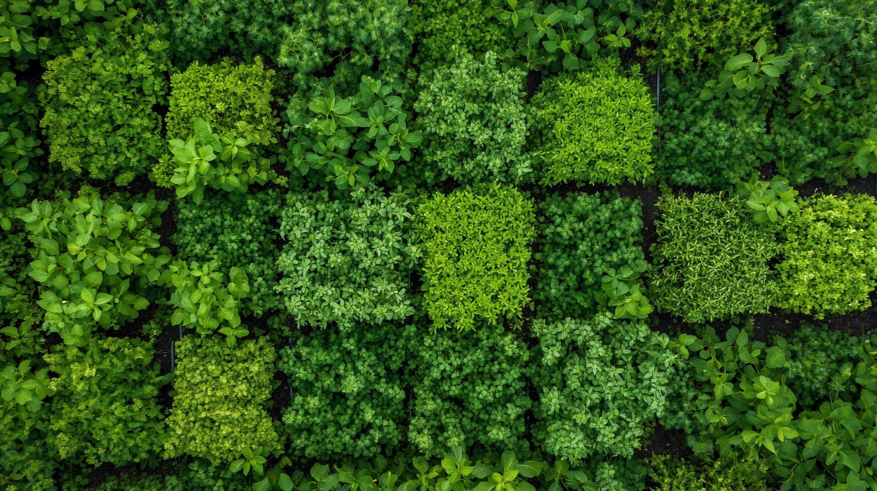 Aerial view of neatly arranged green plants and shrubs in squares. photo