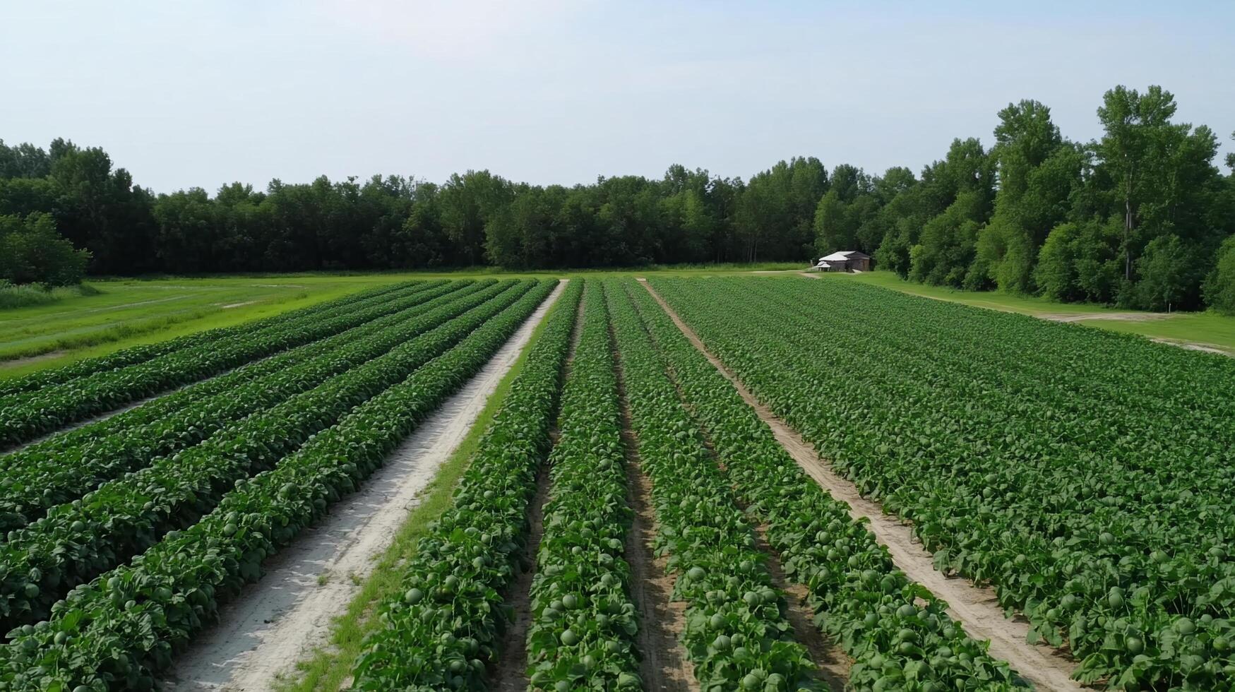 Aerial view of a lush farm field with rows of crops and trees. photo
