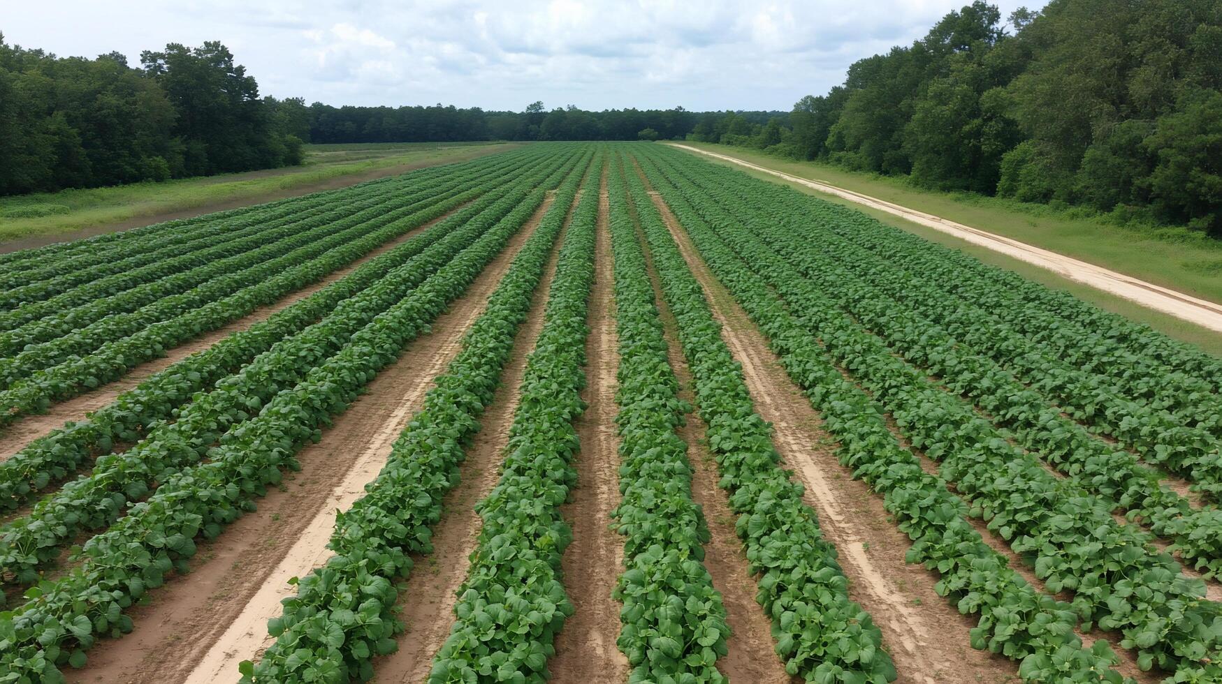 Aerial view of a lush green crop field with evenly spaced rows. photo
