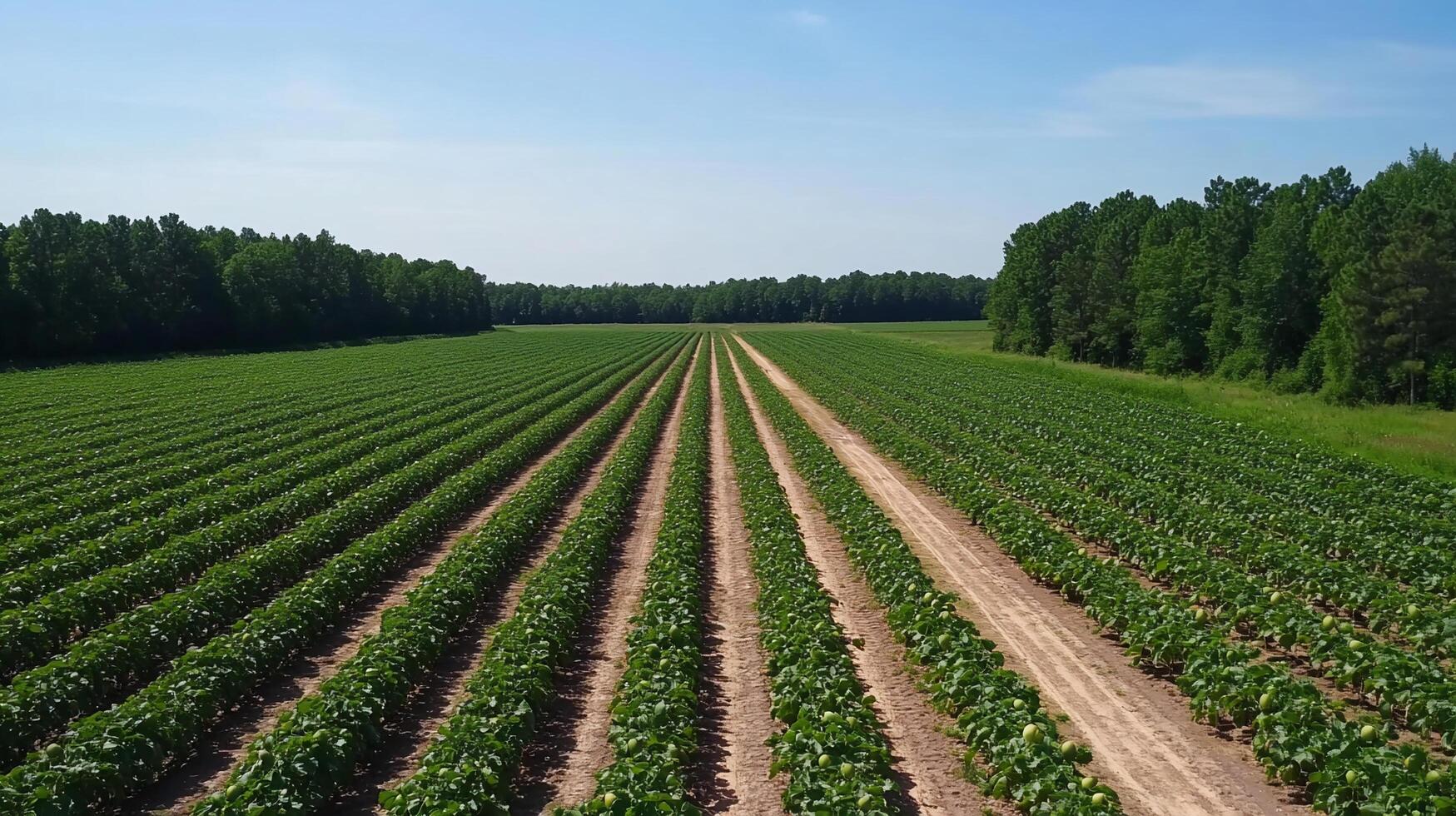 Aerial view of a lush agricultural field with organized rows of crops. photo