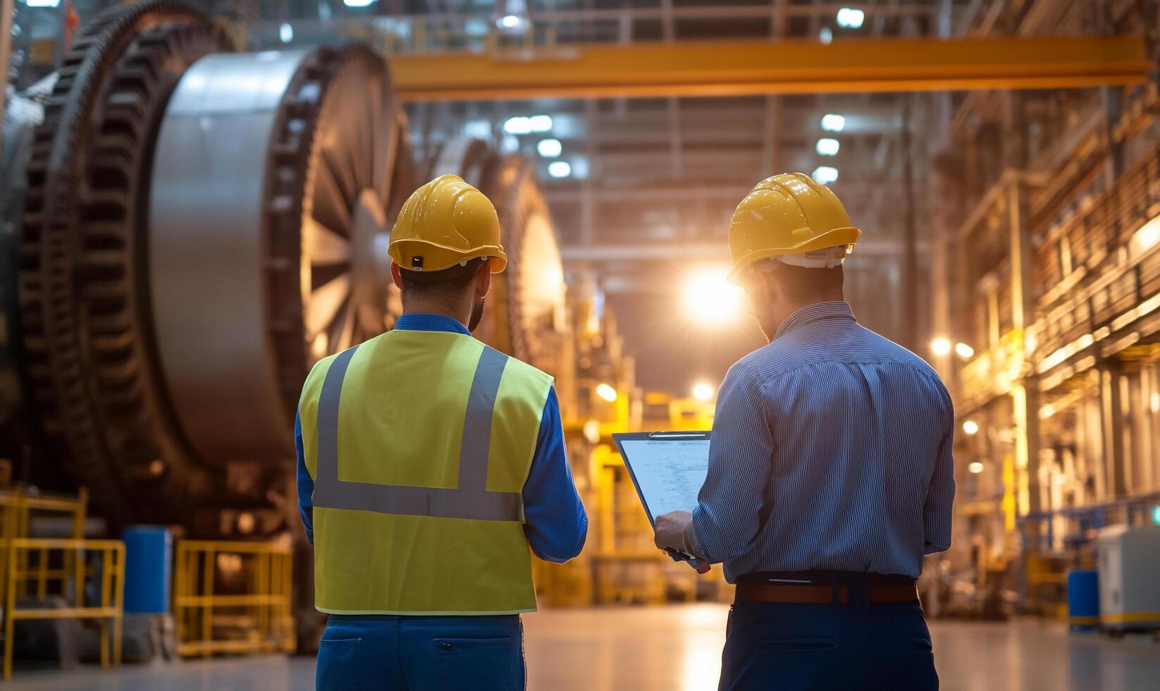 Two workers in hard hats inspect machinery in an industrial facility. photo