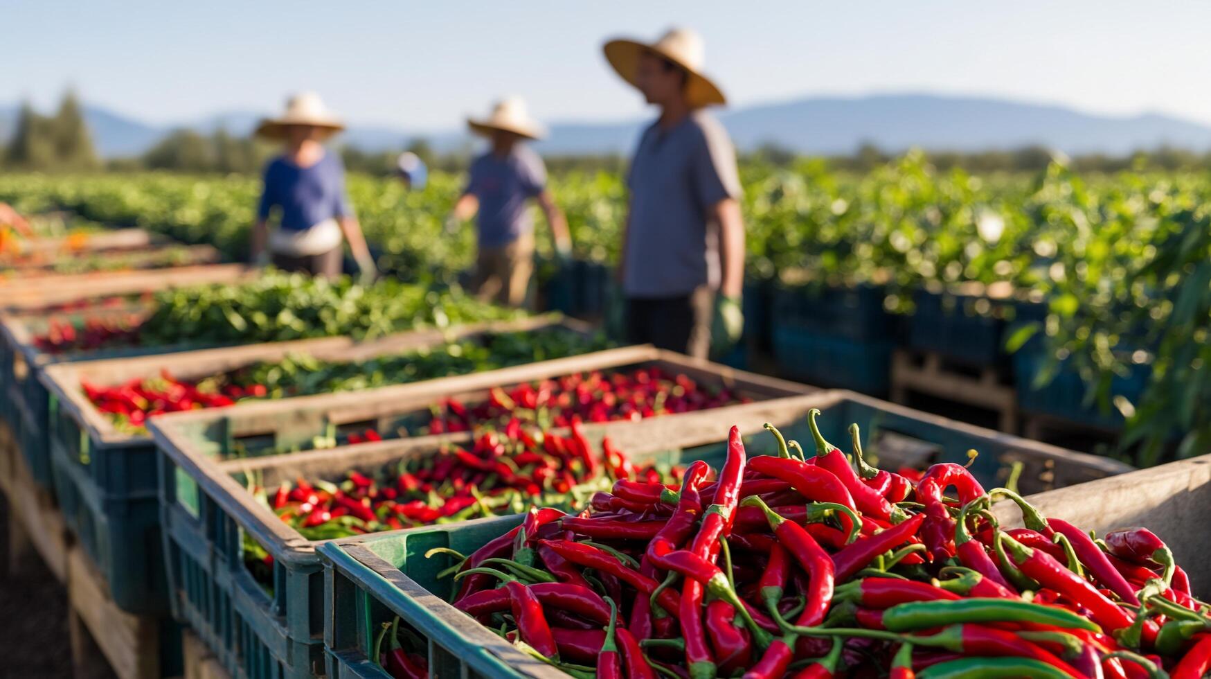 Harvesting chili peppers in a field with workers and mountains in background. photo