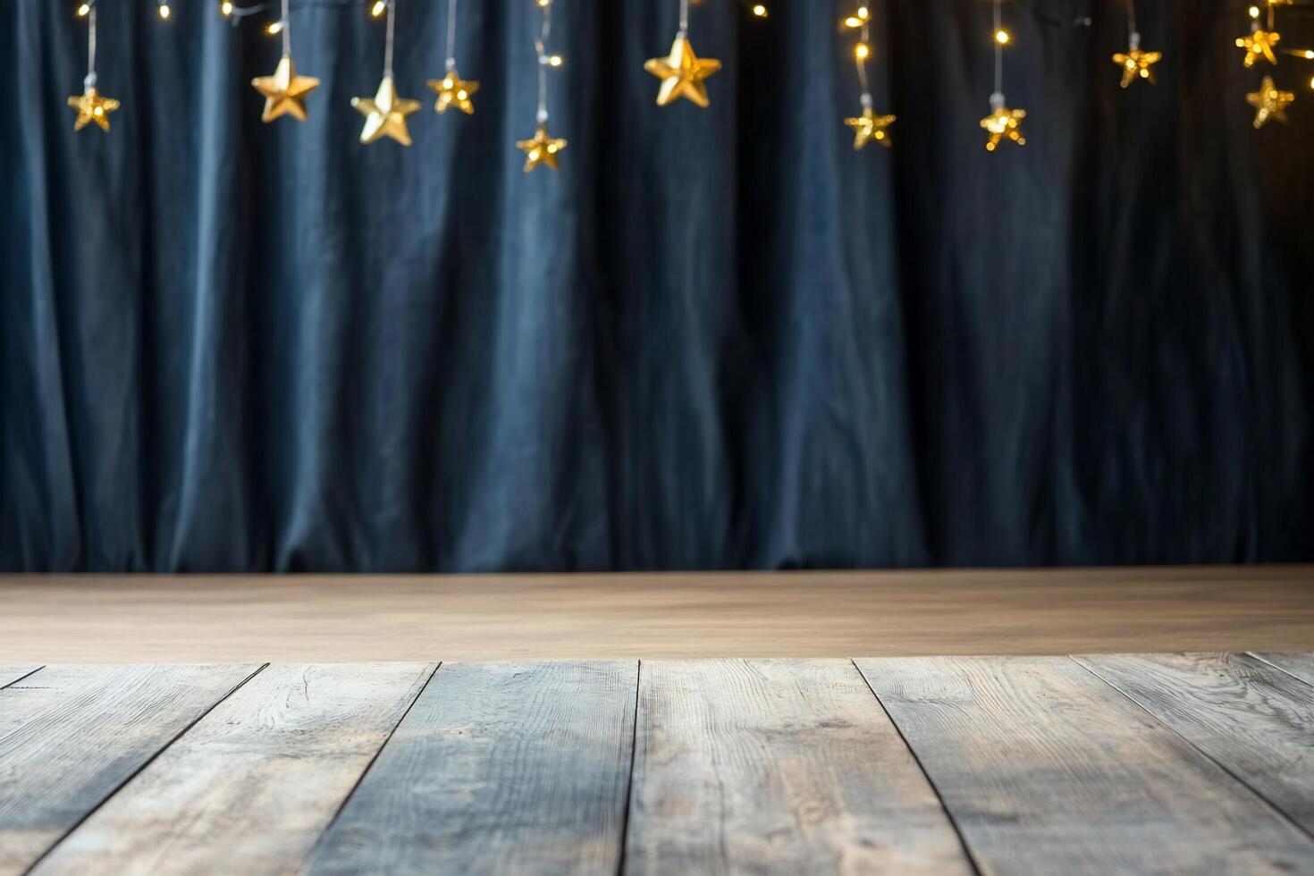 A cozy setting with wooden floor and starry lights backdrop. photo
