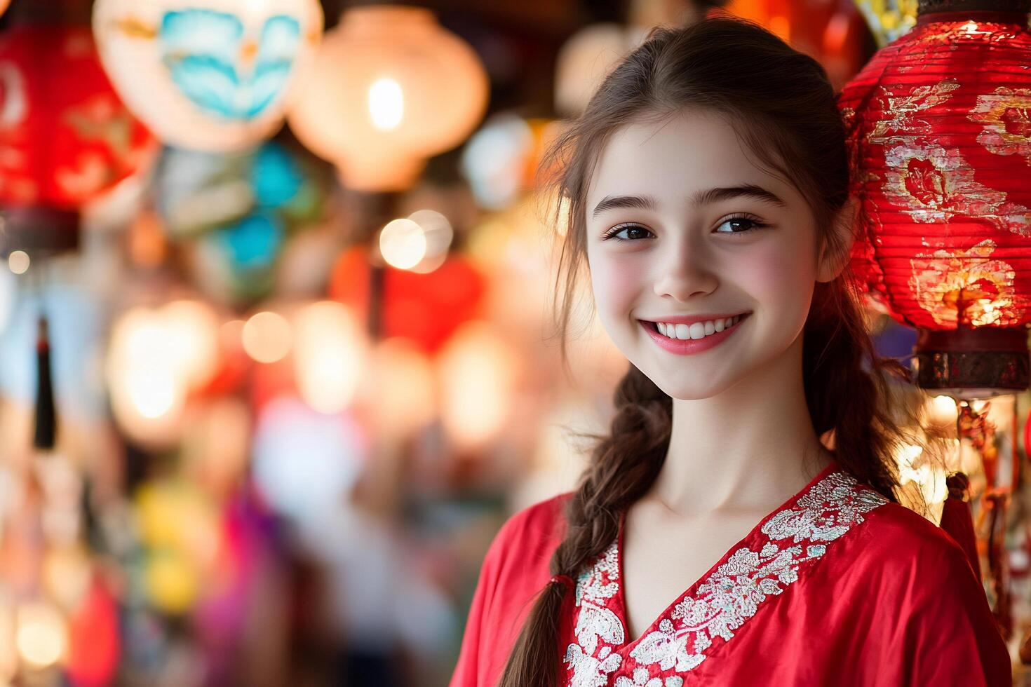 A smiling girl in traditional attire surrounded by colorful lanterns. photo