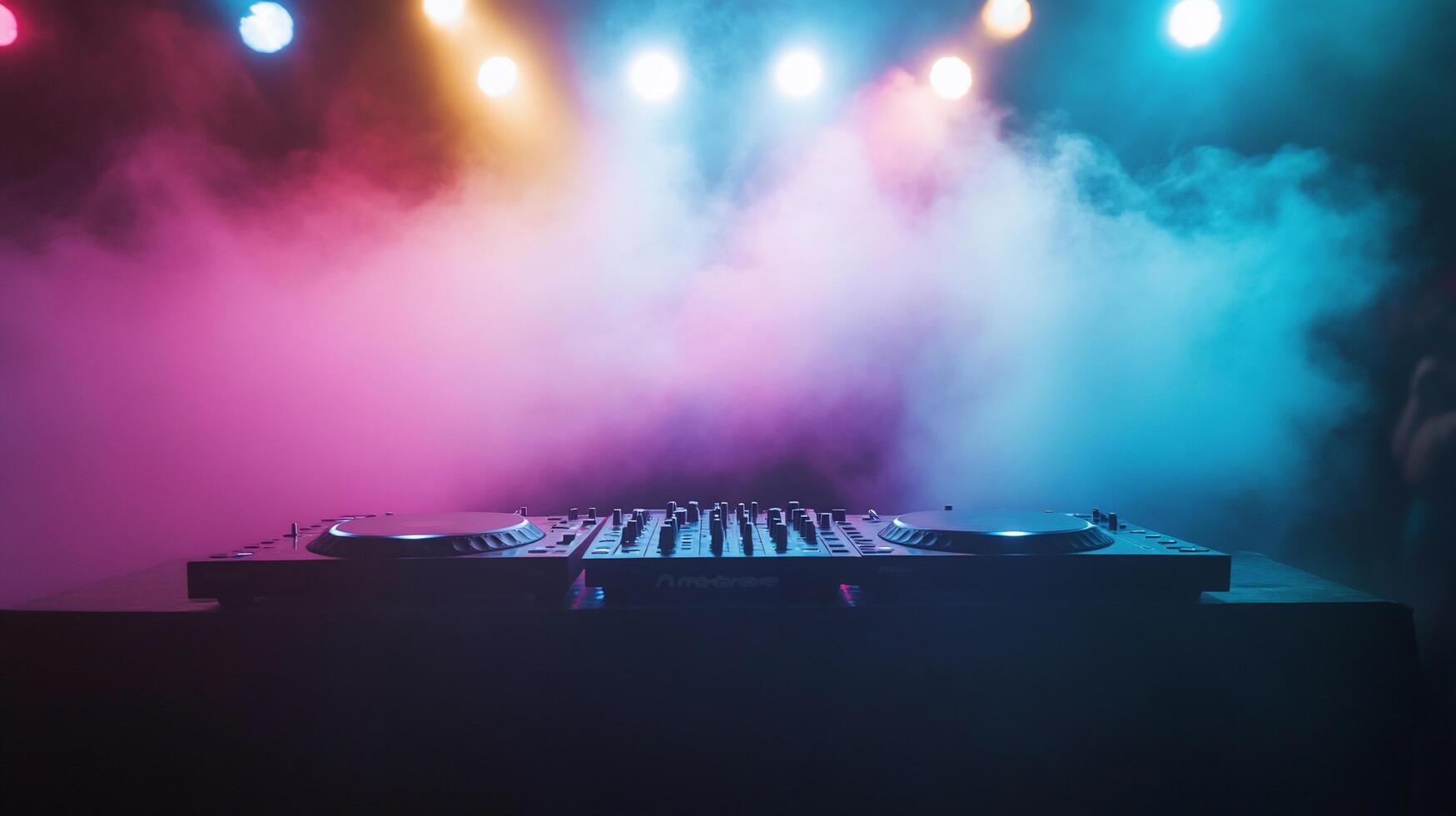 DJ setup with turntables under colorful lights and fog. photo