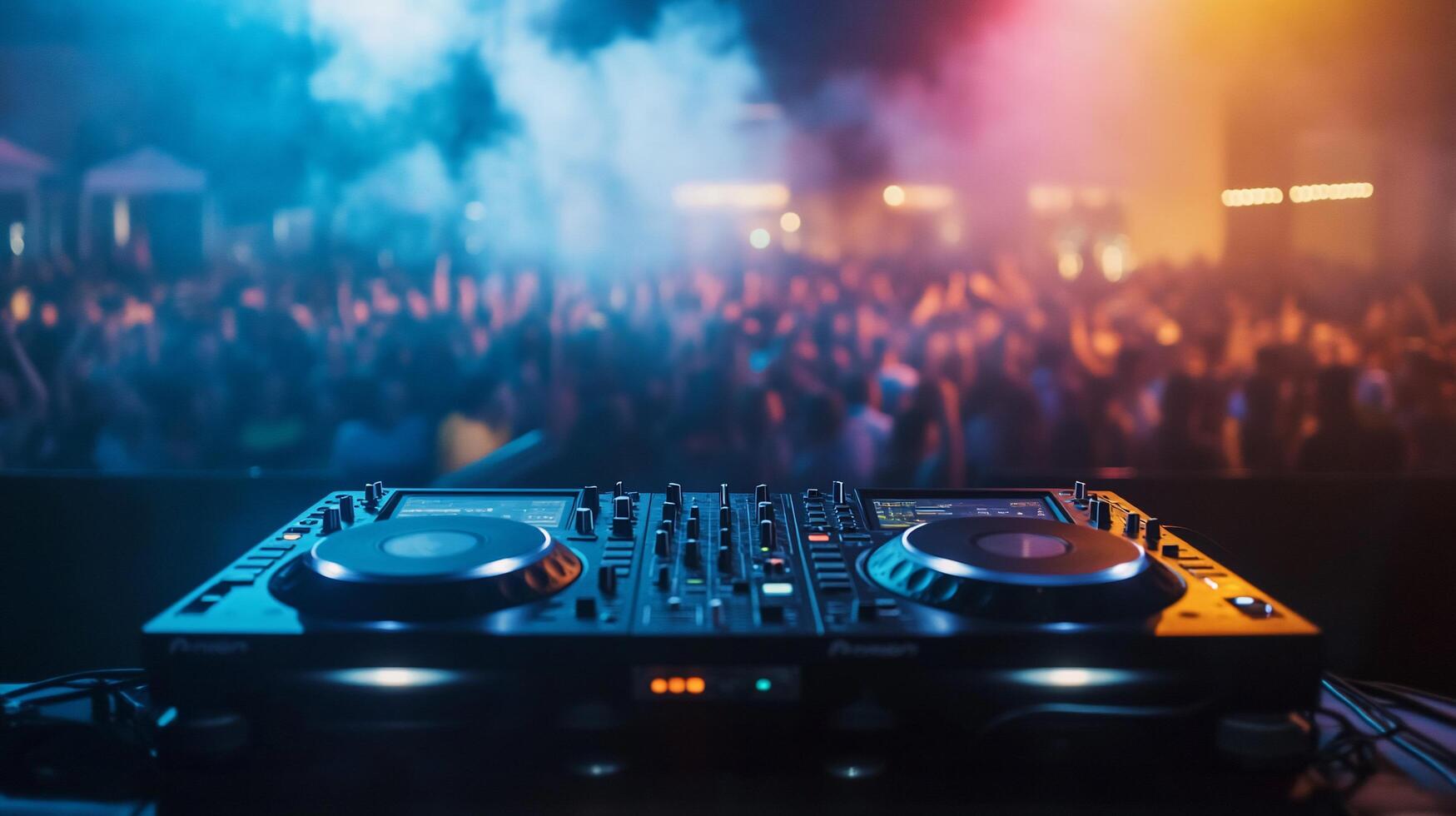 DJ setup at a lively outdoor party with a crowd in the background. photo