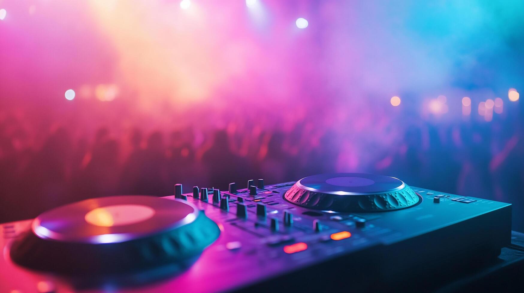 DJ equipment in a vibrant party atmosphere with colorful lights. photo