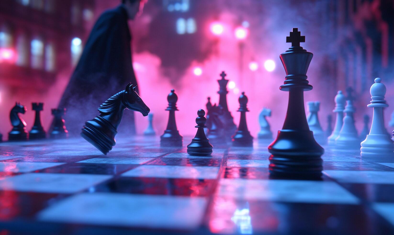 A surreal chess scene with mist and dramatic lighting. photo