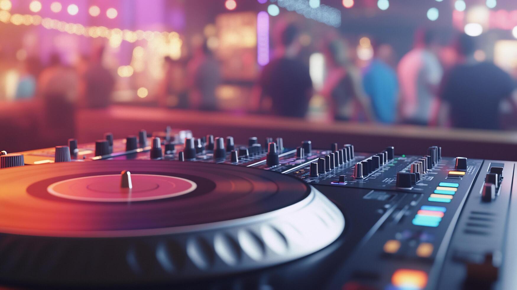A DJ setup in a vibrant club atmosphere with people dancing. photo