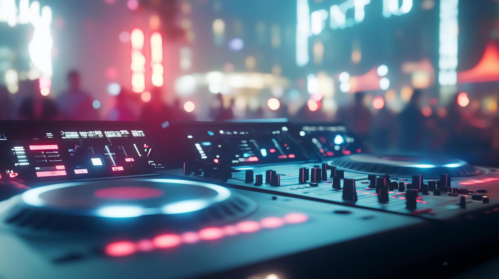 A close-up of a DJ setup illuminated at a vibrant nightlife event. photo
