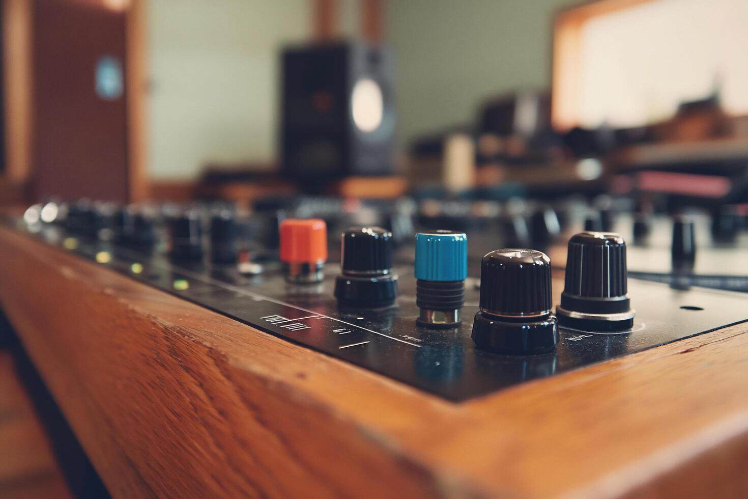 A close-up of a mixing console with various knobs and controls. photo