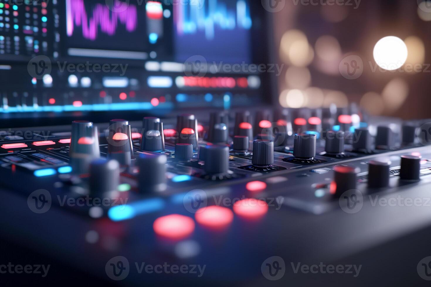 A close-up of a digital audio mixer with colorful controls and screens. photo