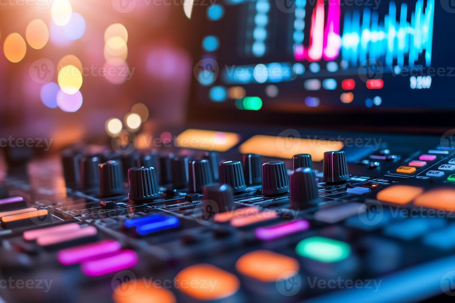 Close-up of a music production interface with colorful buttons and knobs. photo