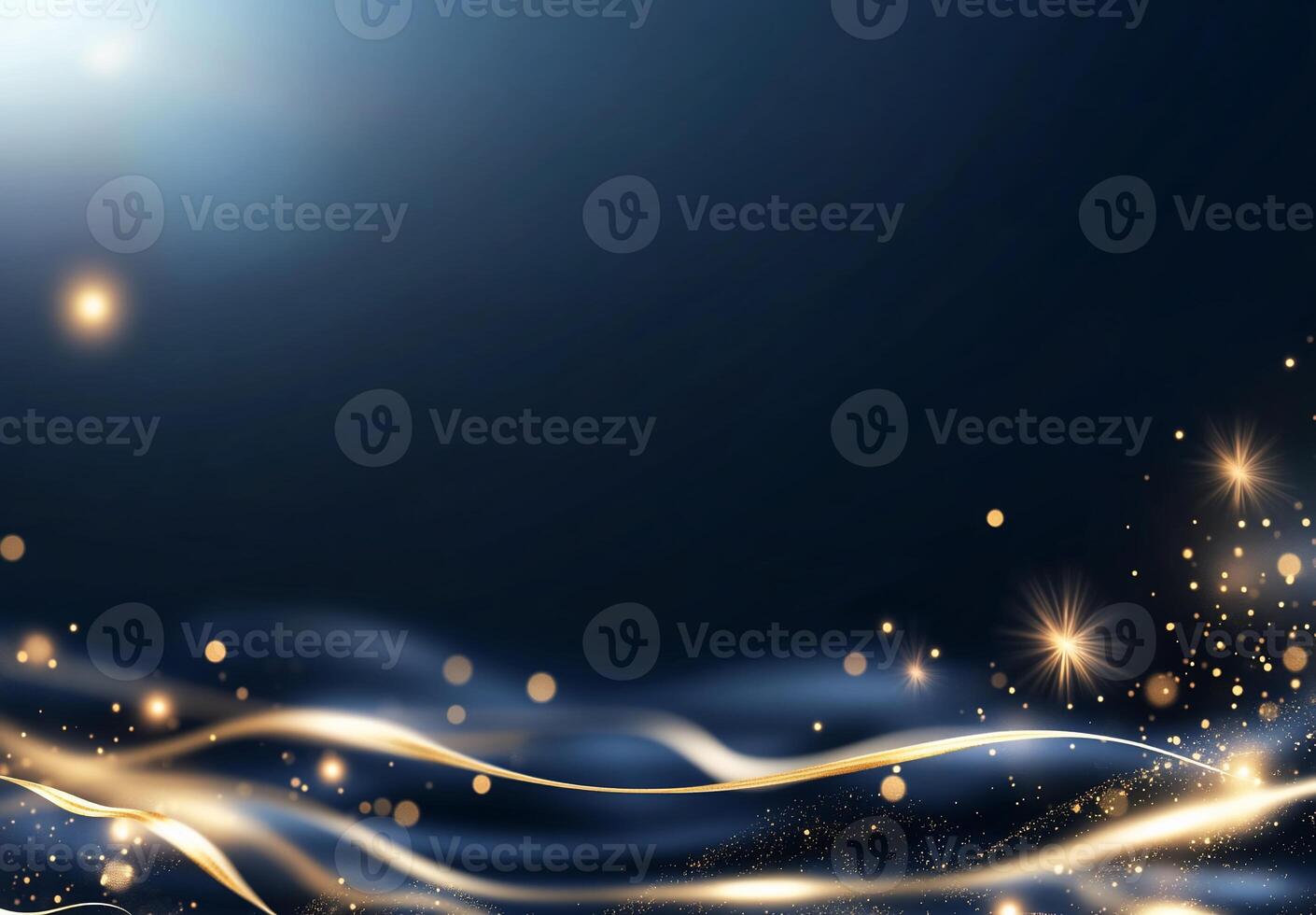 A serene abstract background with golden sparkles and flowing lines. photo