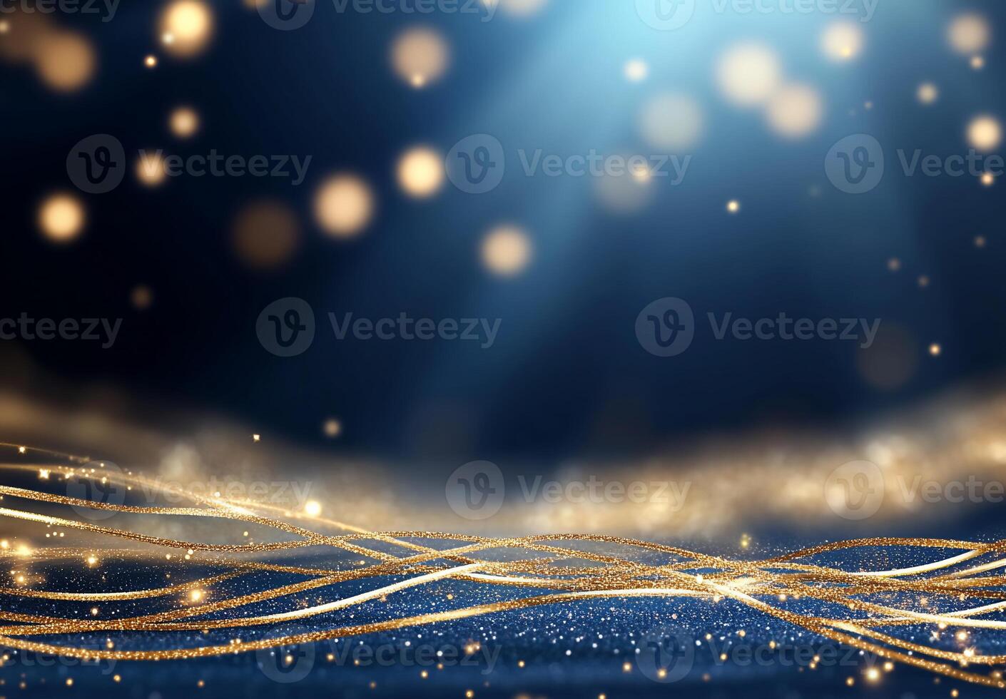 A shimmering background with golden lights and flowing lines. photo