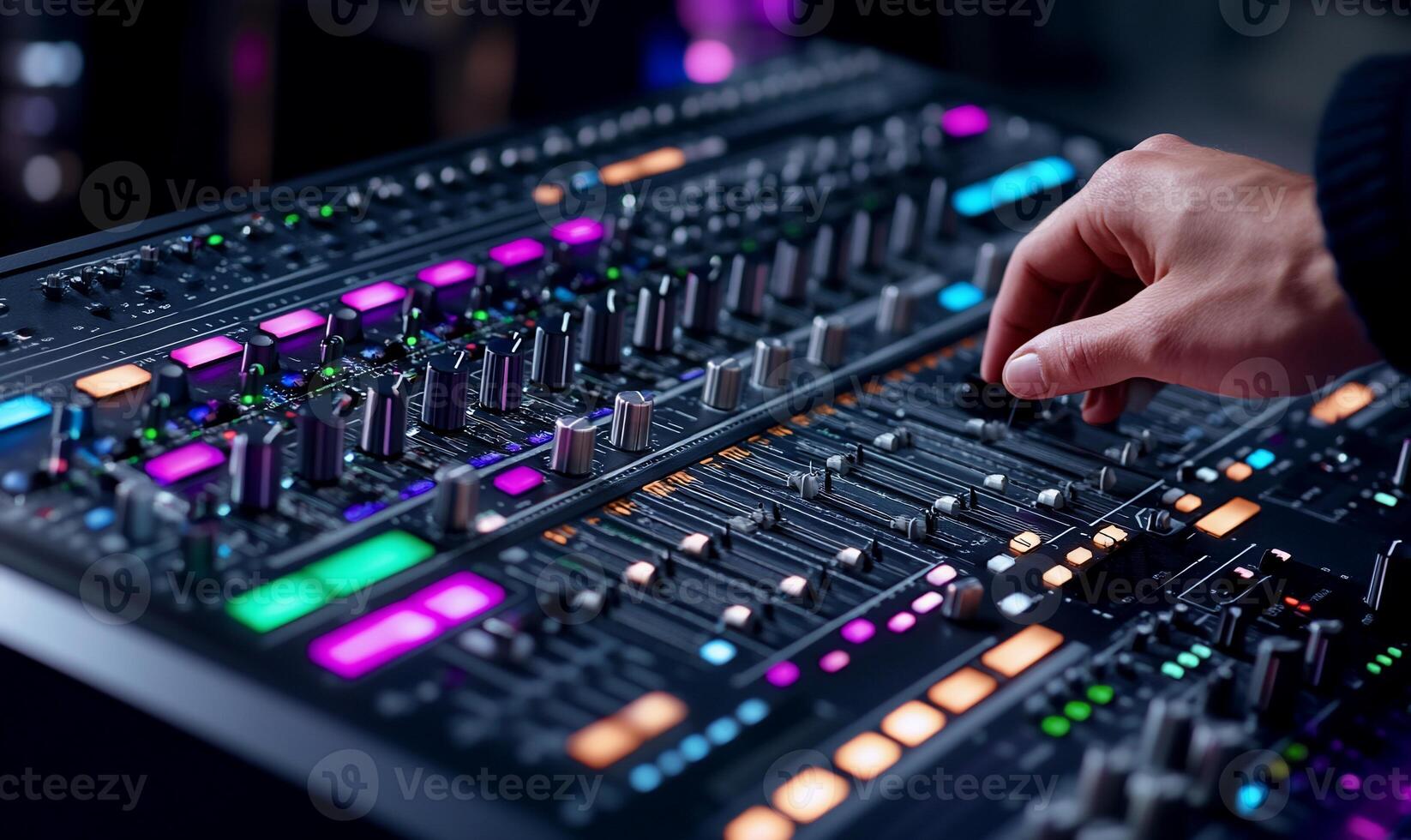 A close-up of a hand adjusting controls on an audio mixing console. photo
