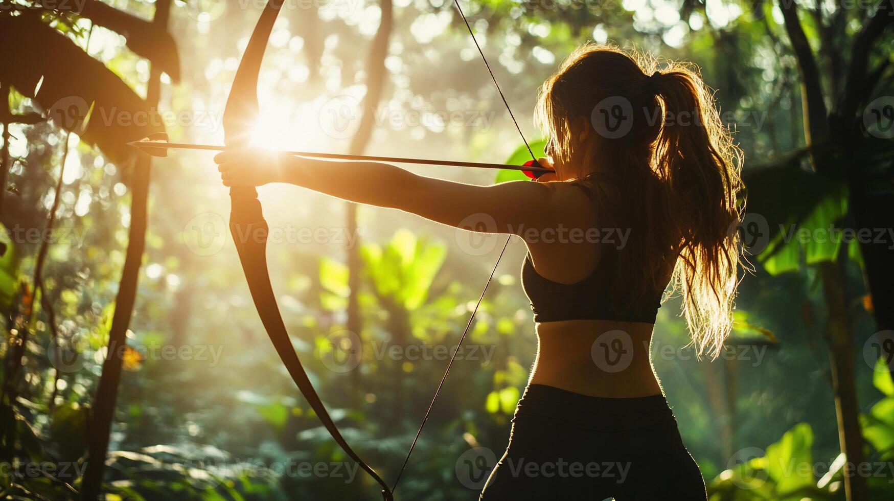 A woman aiming an arrow in a lush, sunlit jungle setting. photo