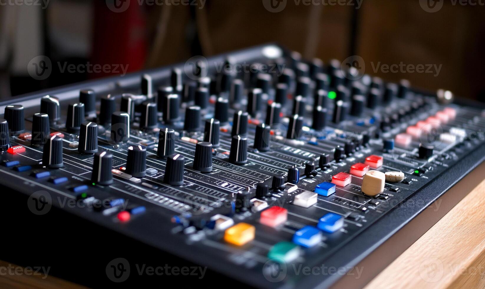 A close-up of a professional audio mixing console with various controls. photo