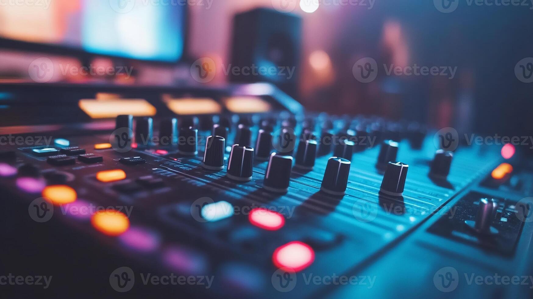 A close-up of a sound mixer with knobs and buttons for audio control. photo