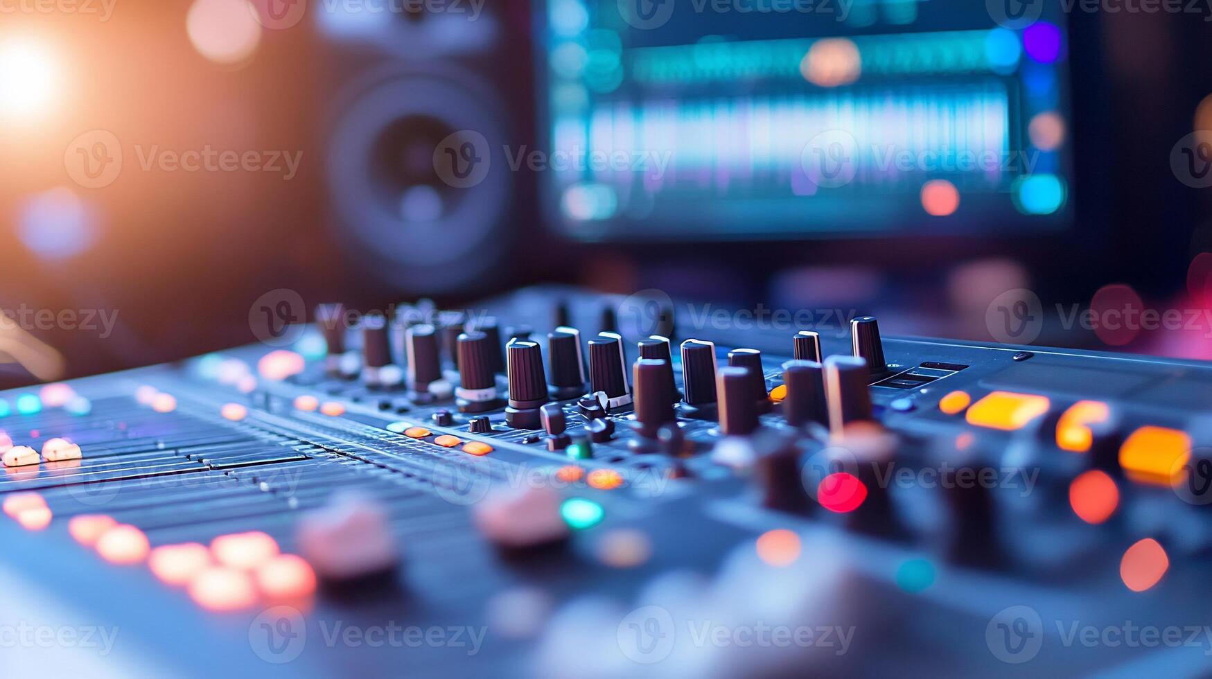 A close-up of a mixing console with colorful lights and a screen. photo