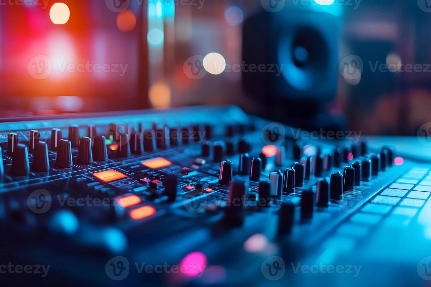 A close-up of a music mixing console with illuminated controls. photo