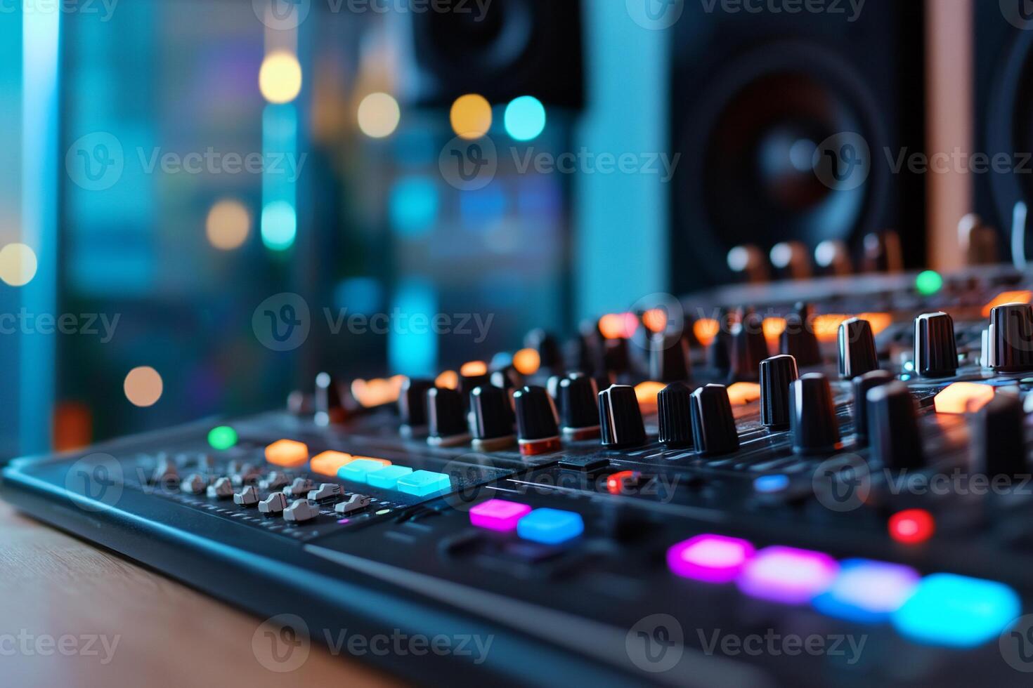 Close-up of a music mixing console with colorful controls and lights. photo