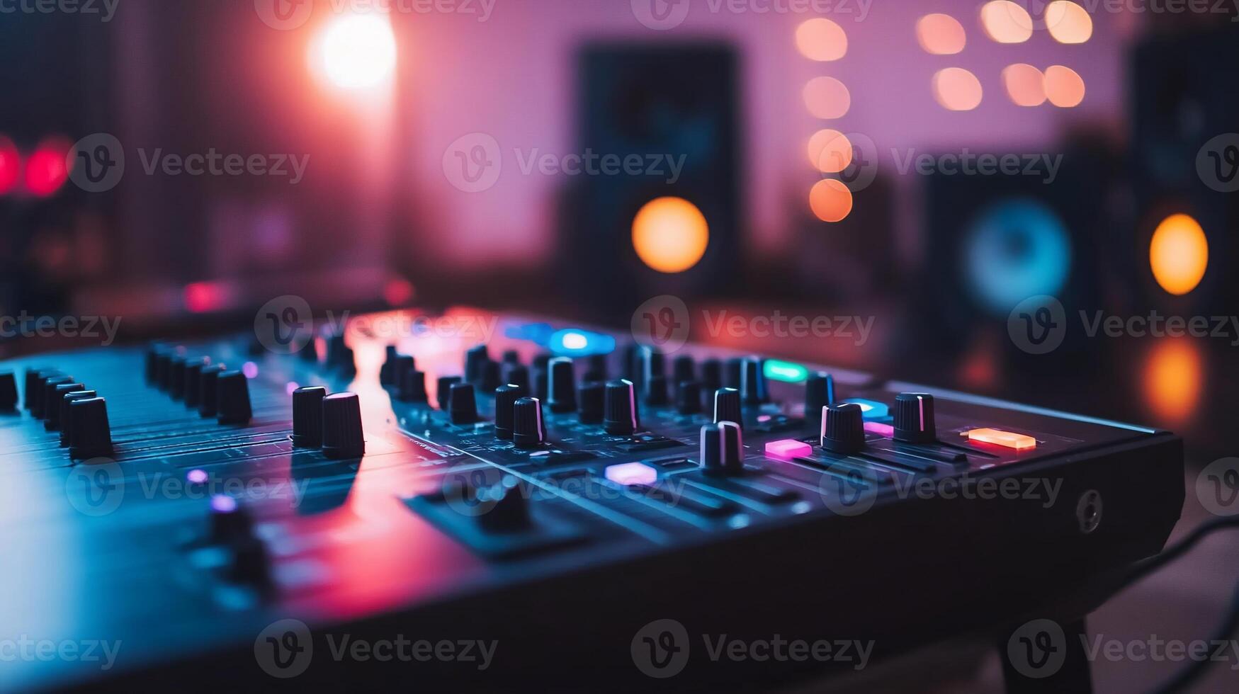 A close-up of a music mixer with colorful lights and speakers in background. photo