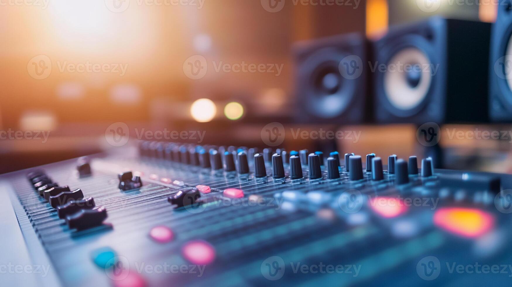 A close-up of a sound mixing console in a studio setting. photo