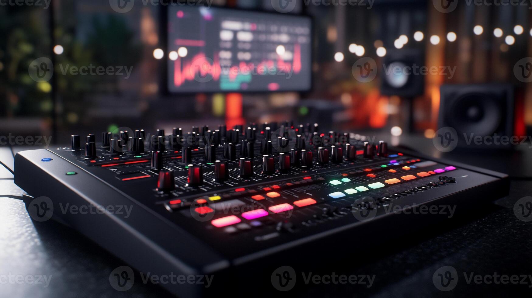 A digital audio mixer with colorful controls in a studio setting. photo
