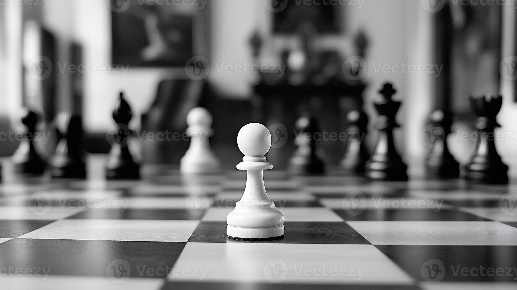 A close-up of a chessboard with a white pawn in focus. photo