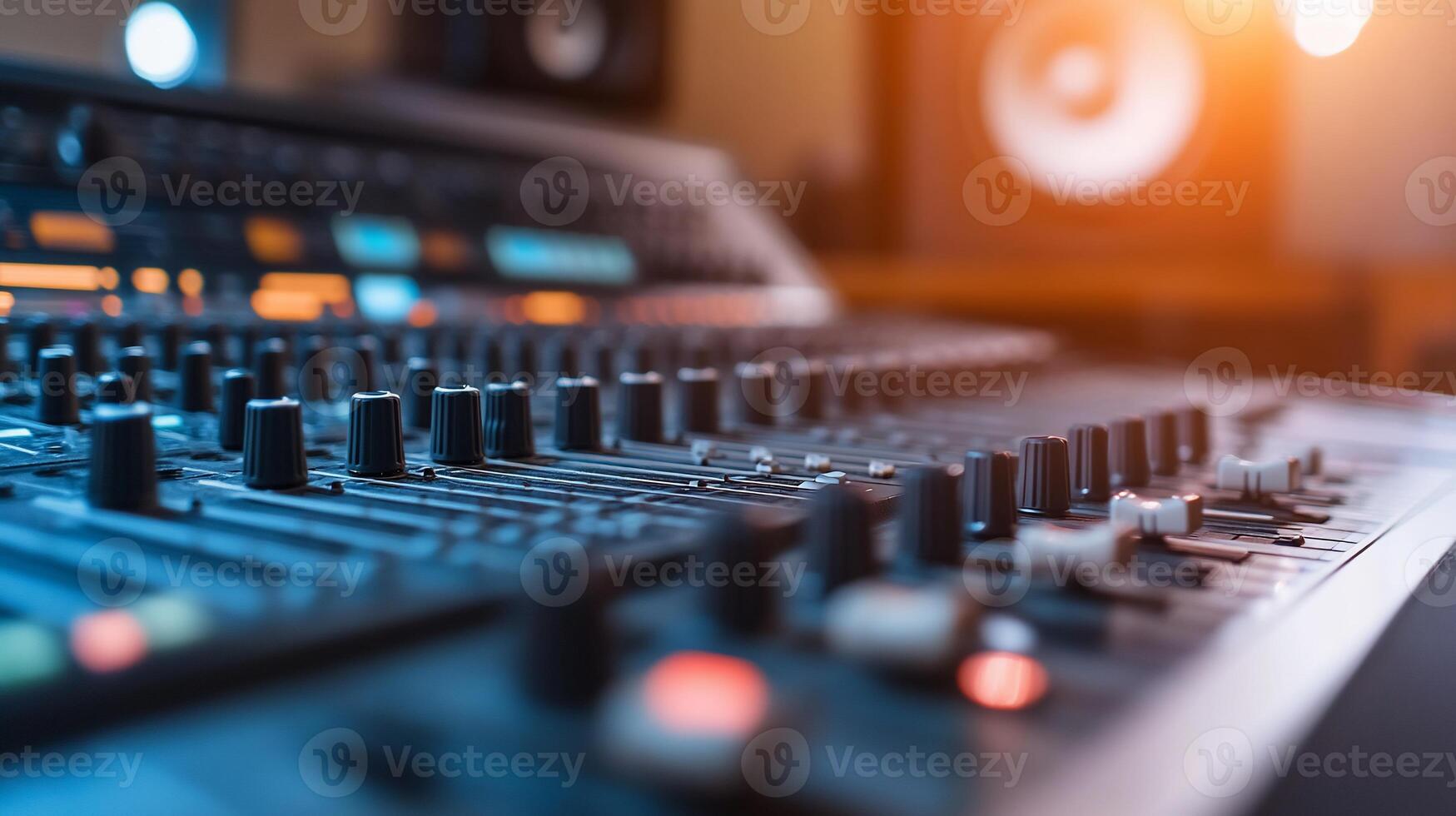 Close-up of a sound mixing console with speakers in the background. photo