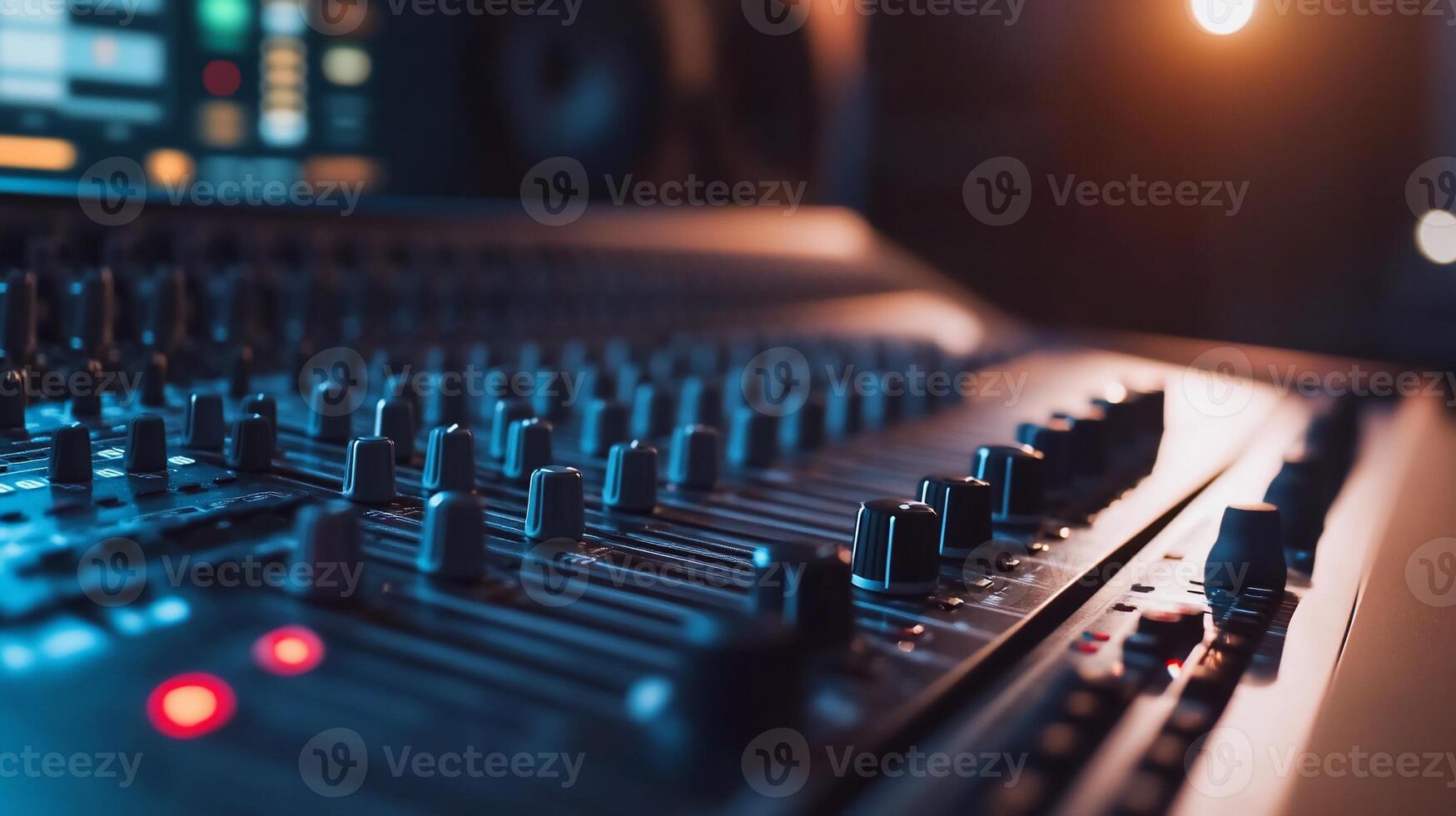 Close-up of a sound mixing console with knobs and buttons illuminated. photo