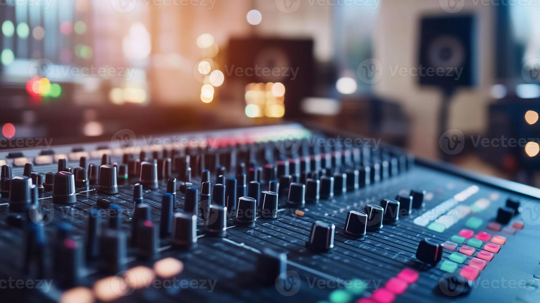 Close-up of a professional audio mixing console in a studio setting. photo