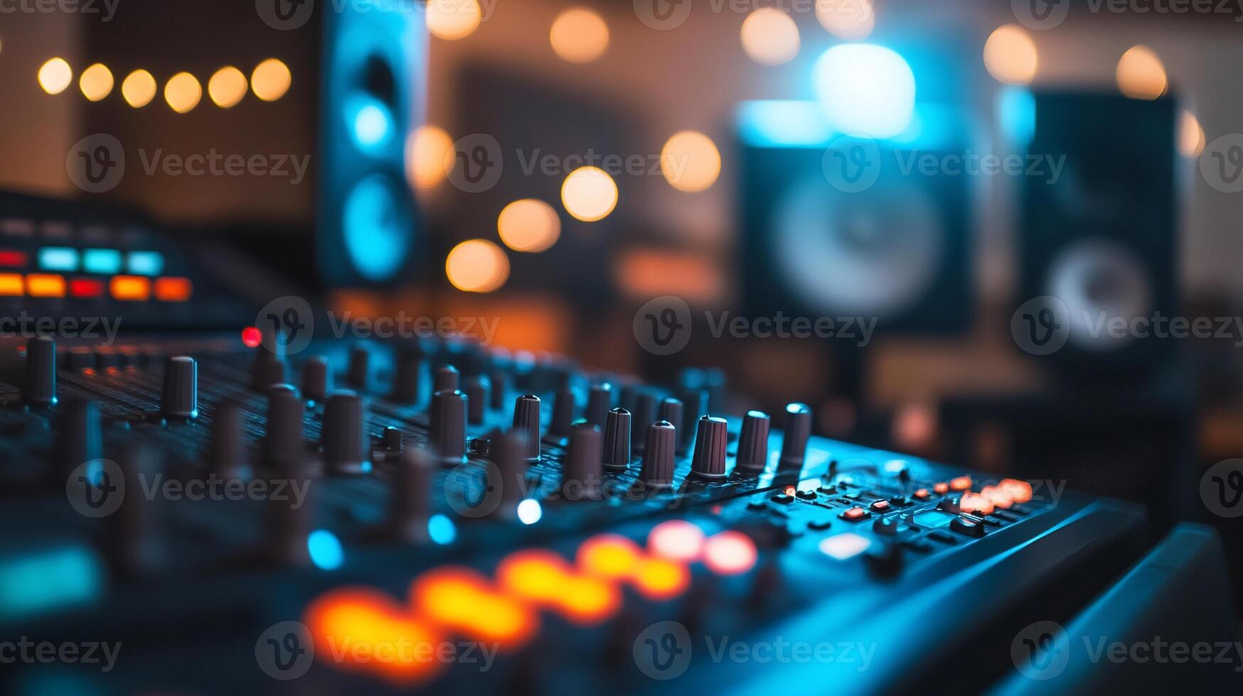 A close-up of a music mixer with speakers in a studio setting. photo