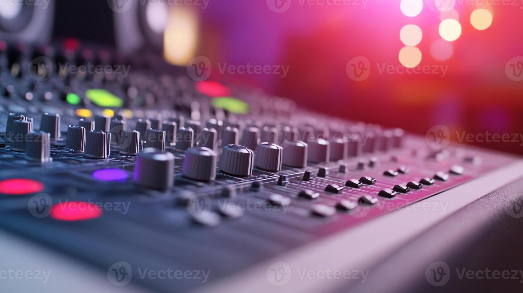 Close-up of a professional audio mixing console with colorful controls. photo