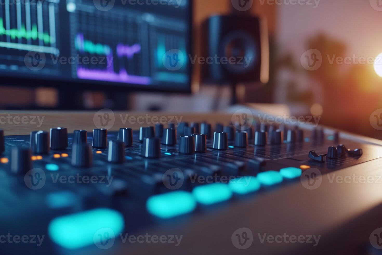 A close-up of a music mixing console with a computer screen. photo