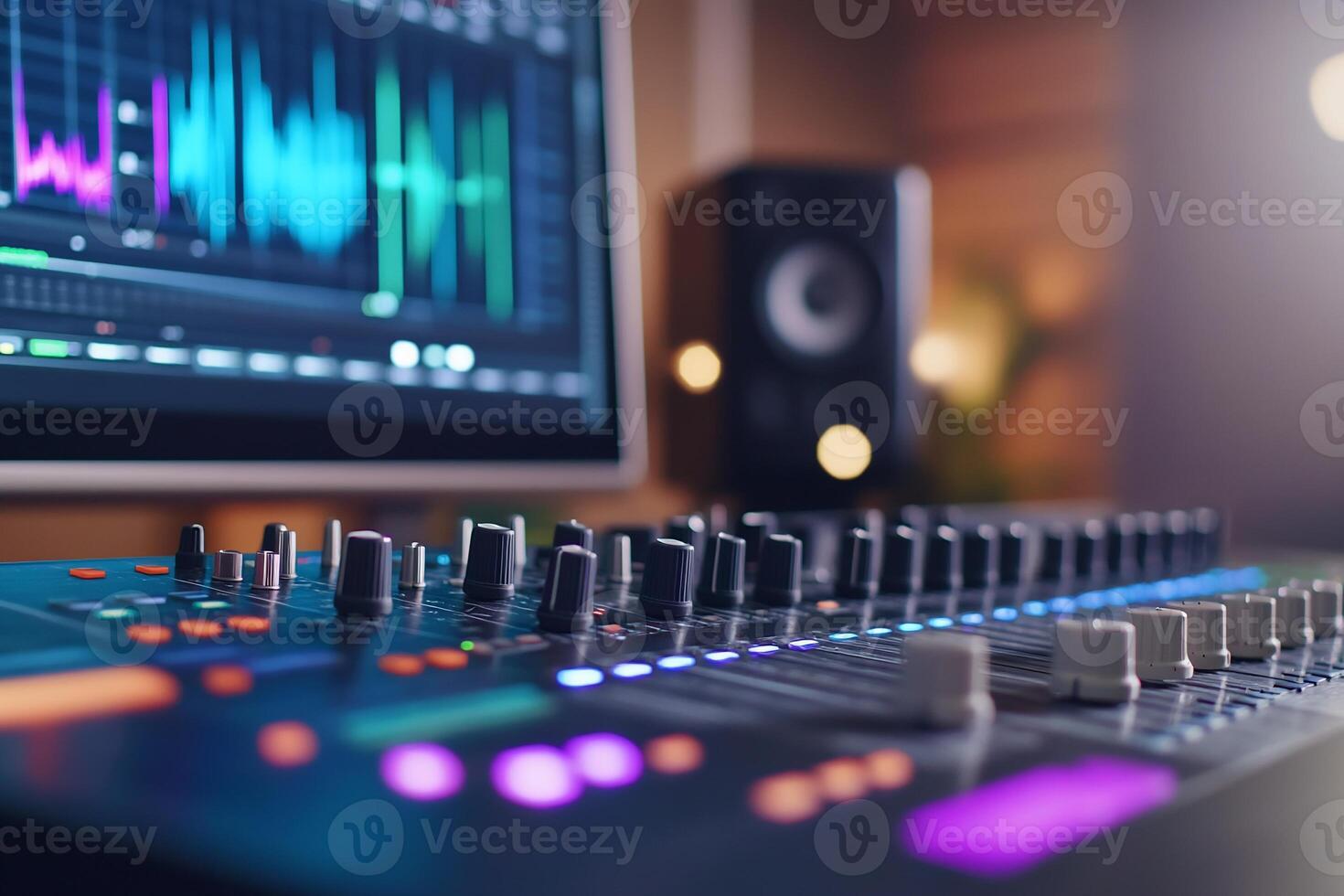 A close-up of a digital audio mixer and waveform display on a screen. photo