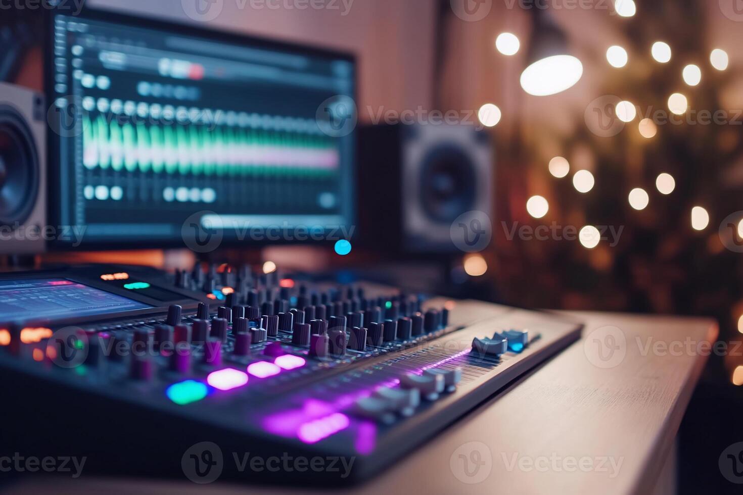 A close-up of a music production setup with a computer and mixer. photo