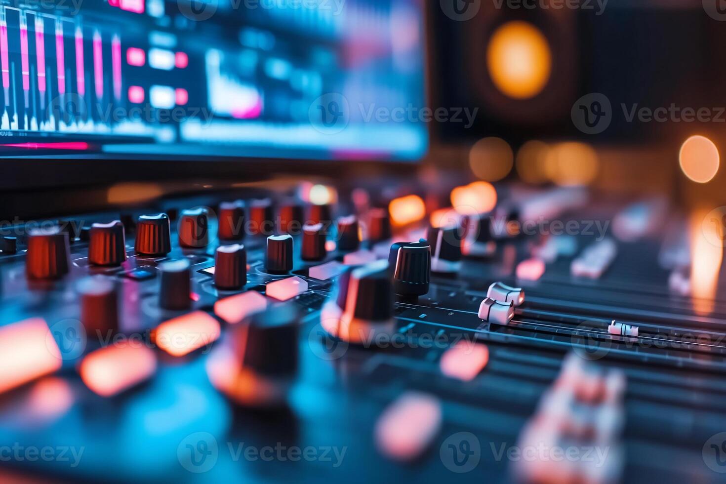 Close-up of a music mixing console with vibrant lights and controls. photo