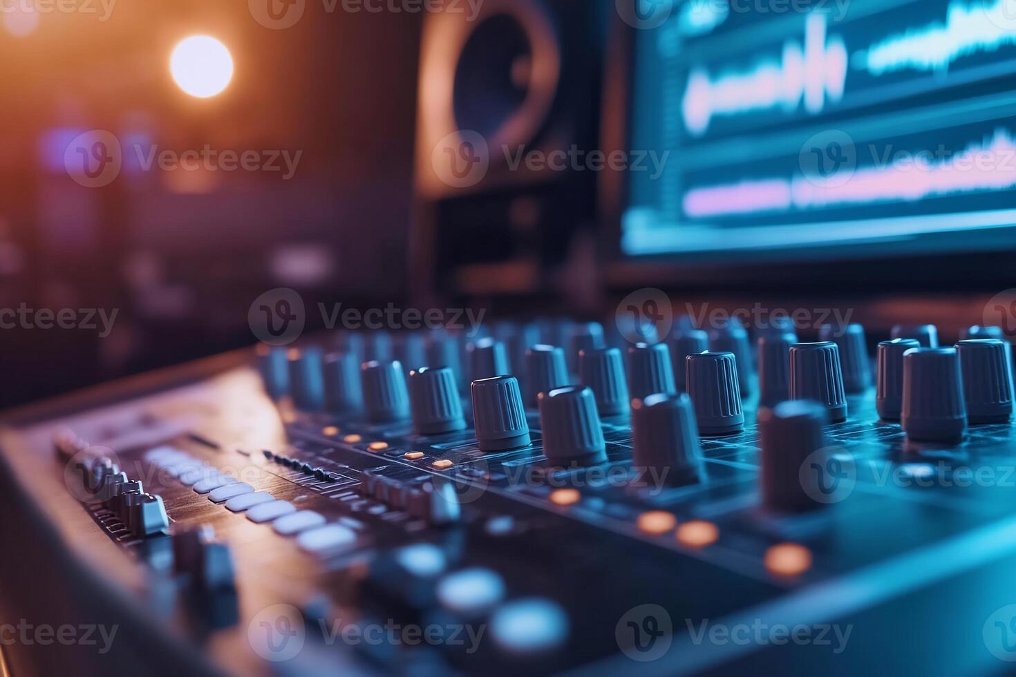 Close-up of a music mixing console with illuminated controls. photo