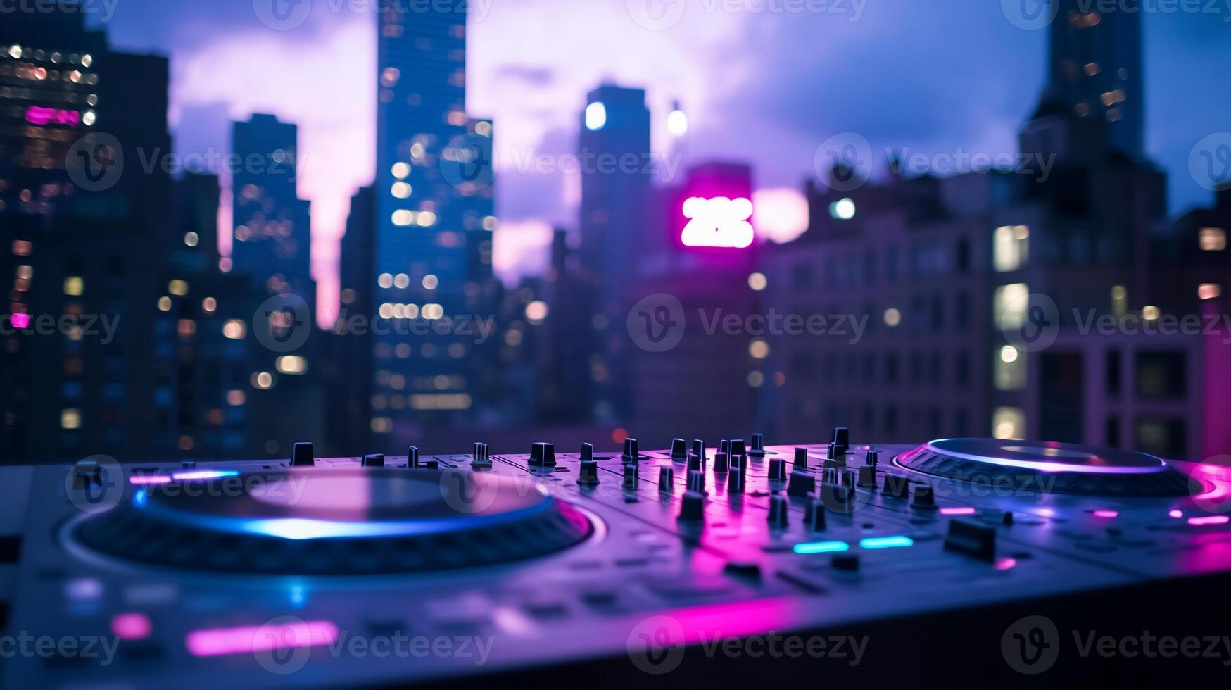 DJ setup with city skyline at dusk, vibrant lights and atmosphere. photo