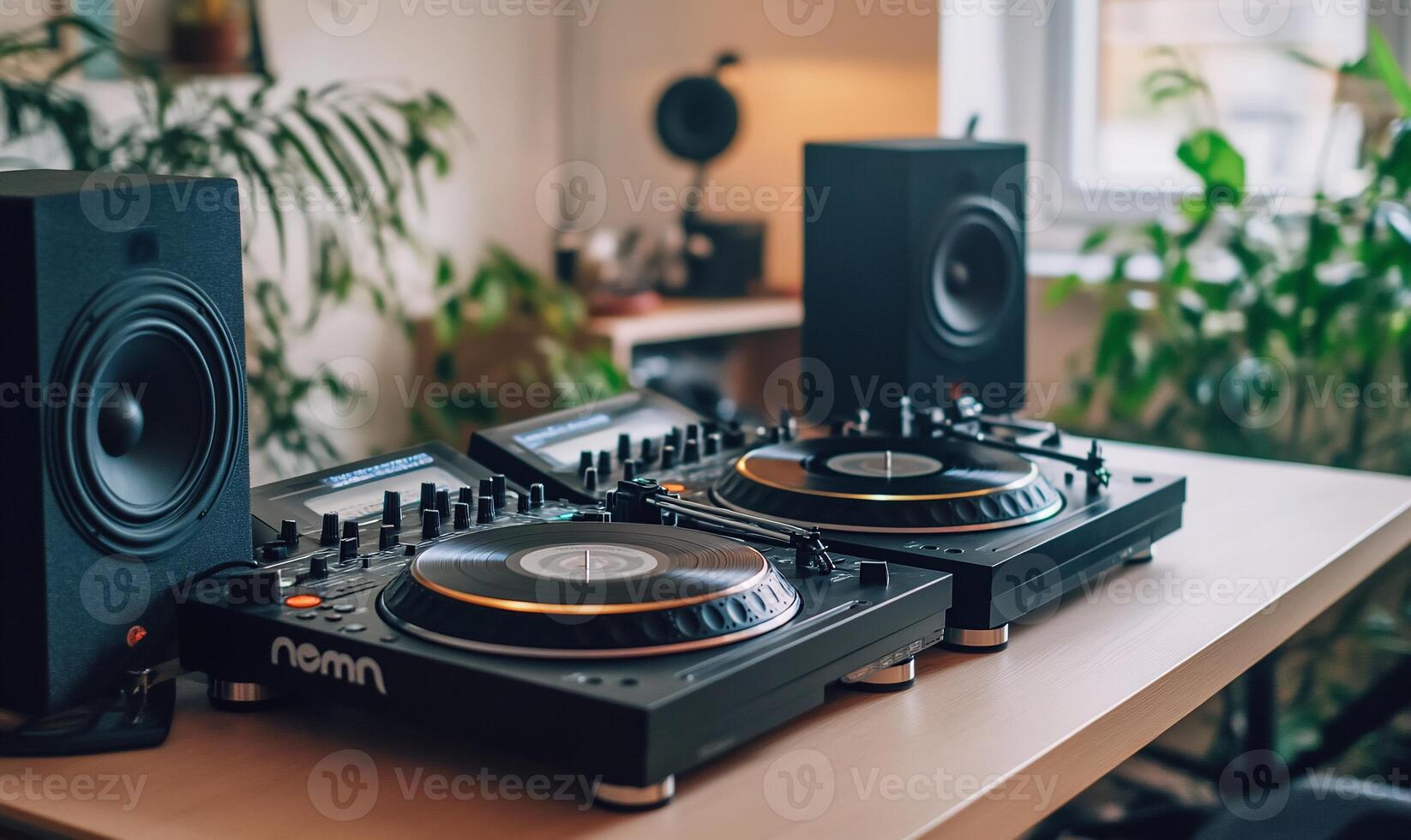 A DJ setup with turntables and speakers in a cozy room. photo