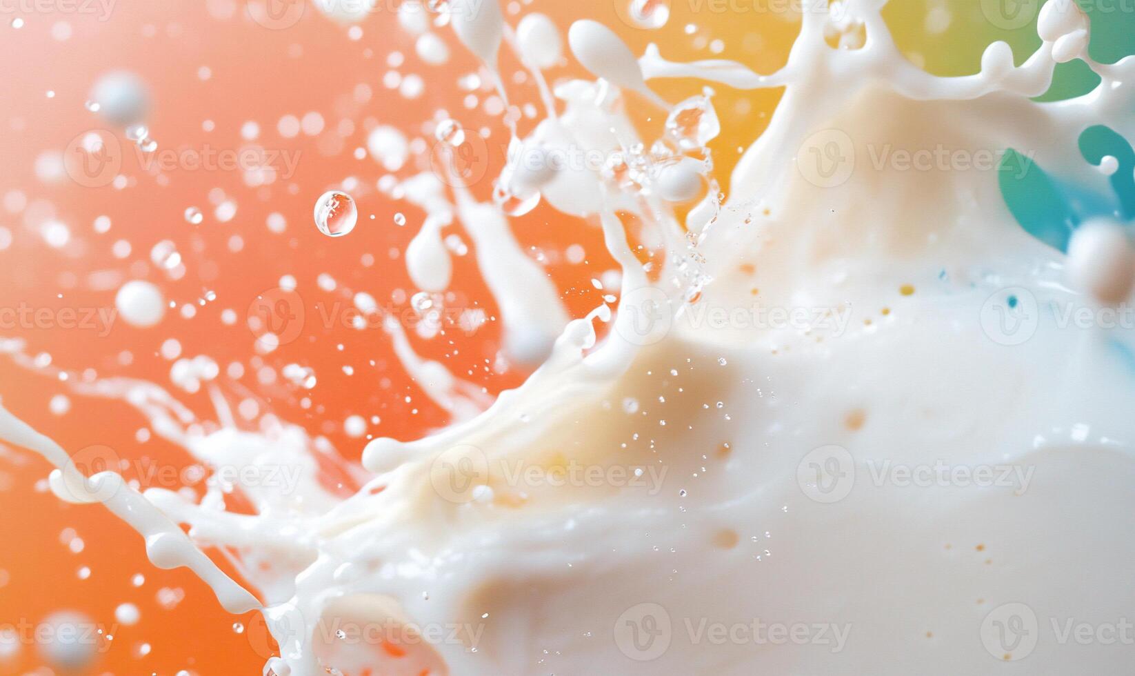 A dynamic splash of milk against a colorful background. photo